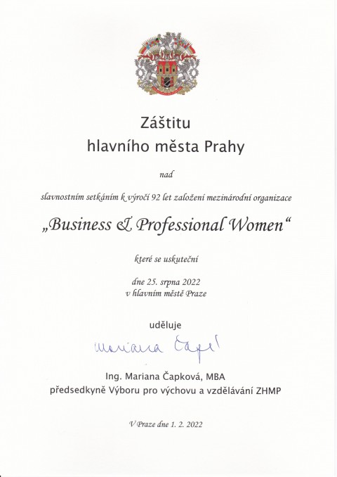 Získaly jsme Záštitu hlavního města Prahy nad oslavou výročí 92 let Business and Profesional Women